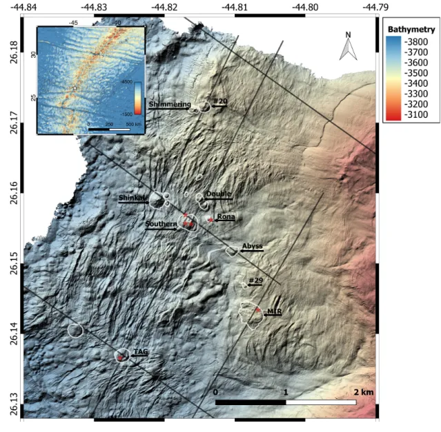 Figure 1. High-resolution (2 m) bathymetry map of the TAG hydrothermal field at the MAR (white star in overview map): Bathymetry from the AUV Abyss survey (Petersen et al., 2016) overlain by its hill shading (lit from the NNW)