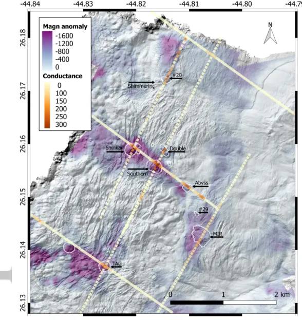 Figure 2. Reduced-to-the-pole magnetic anomaly map overlain by bathymetry hill shading, conductance for six profiles, and highlighted SMS deposits identified from the bathymetry and verified with video footage or sampling.