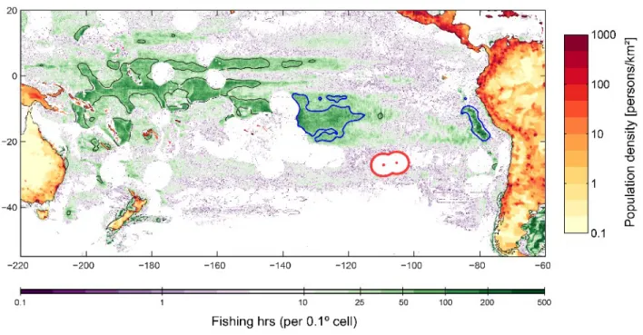 Figure S1:  Population density and fishing effort for the Pacific region. Connectivity of Easter Island and its Ecoregion (red contour) is calculated with coastal region of the South Pacific basin and also with two  intense commercial  fishing zones (blue 