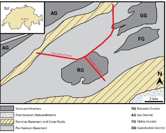 Figure  4: Geological  mapping  of  the  Bedretto  area,  highlighting  the  location of  the  Bedretto  tunnel  and  the  geological  formations such as Pre-Variscan gneiss to Variscan granite (Rotondo Granite)