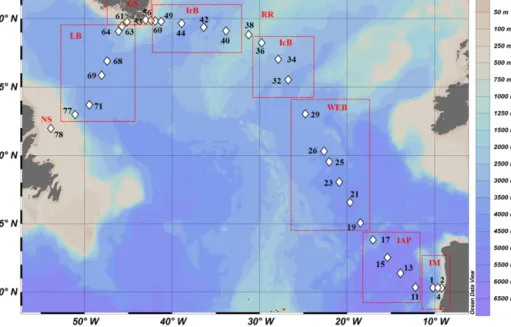 Figure 1. Map of stations where suspended particle samples were collected with GO-FLO bottles during the GEOVIDE cruise (GA01) in the North Atlantic Ocean