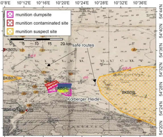 Figure  3:  Section  of  a  nautical  chart  of  the  western  Baltic  Sea,  showing  Kiel  Bay  and  its  munitions  dumping  grounds  (munitions  dumping  grounds  (pink);  munitions-contaminated  sites  (red)  and  munitions suspected areas (orange))