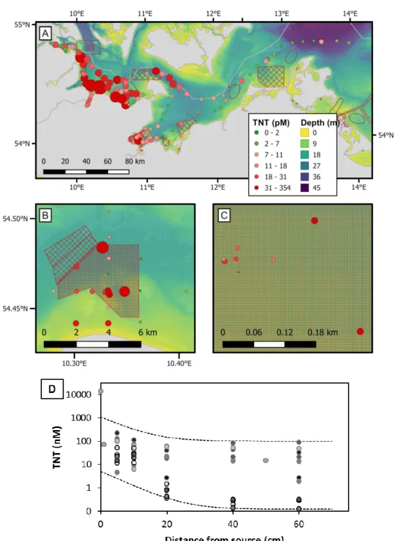 Figure 6: A) Regional-scale distribution of dissolved TNT in bottom waters throughout the south-western  German Baltic Sea