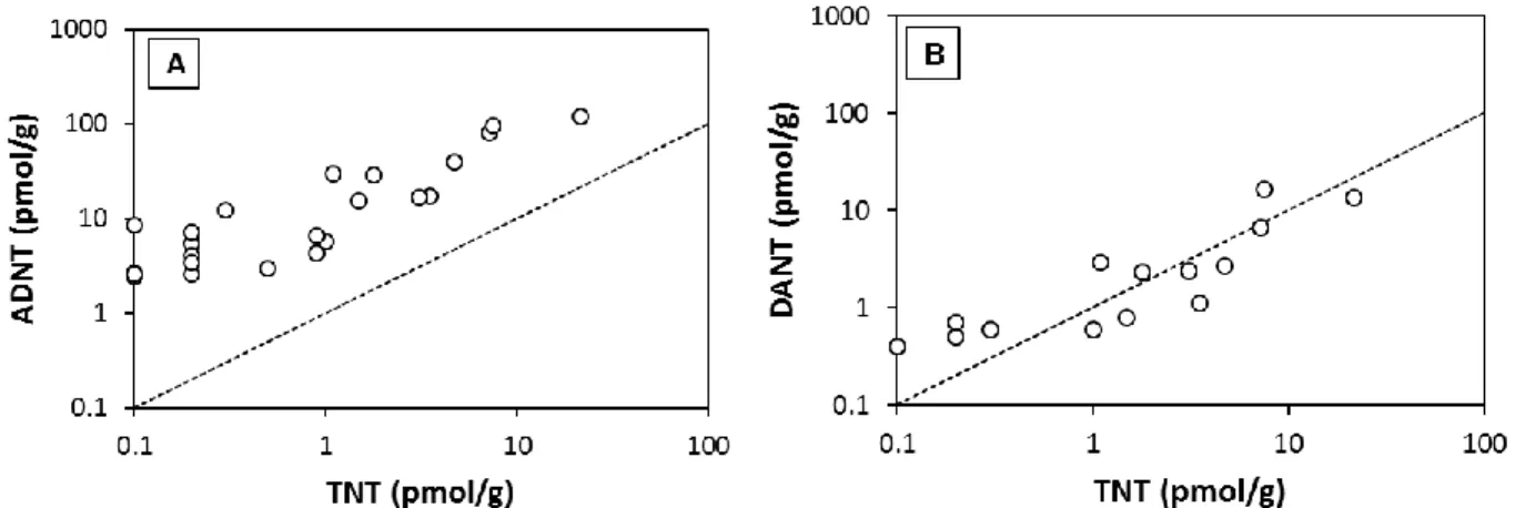 Figure 10: Covariation of (A) ADNT and (B) DANT with TNT in sediments. The dashed line indicates a 1:1  relationship