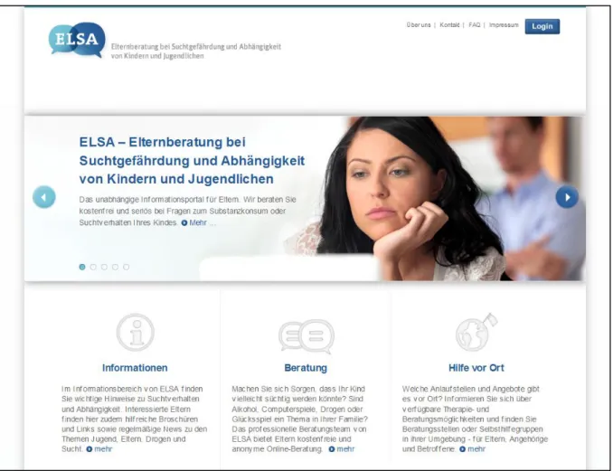 Abbildung 3: Ausschnitt der ELSA Webseite (Homepage, https://www.elternberatung-sucht.de) 