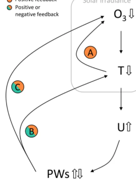 Figure 1. Scheme of possible feedbacks between ozone chem- chem-istry and dynamics/transport