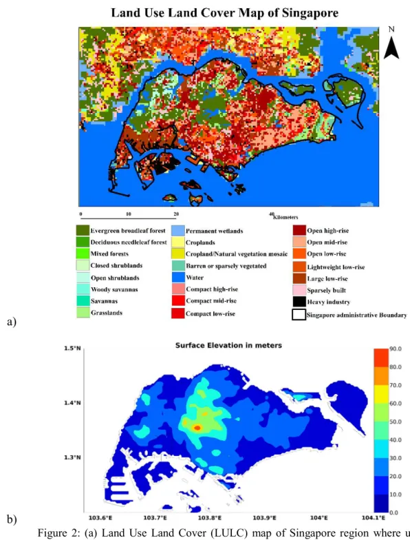 Figure  2:  (a)  Land  Use  Land  Cover  (LULC)  map  of  Singapore  region  where  urban  area  is  classifiedbased  on  Local  Climate  Zones  (LCZs)  and  (b)  surface  elevation  in  meter  over  Singapore  region  using  Shuttle  Radar  Topography  Mi