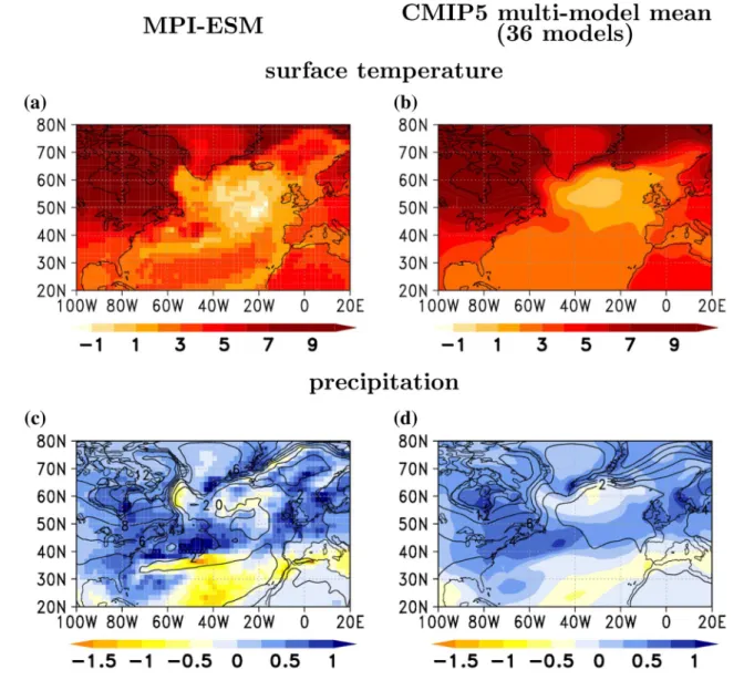 Fig. 1    Winter-time (DJF) surface temperature response (top, in  K) and precipitation response (bottom, in mm/day) to the RCP 8.5  scenario for MPI-ESM (left column) and the CMIP5 multi-model 
