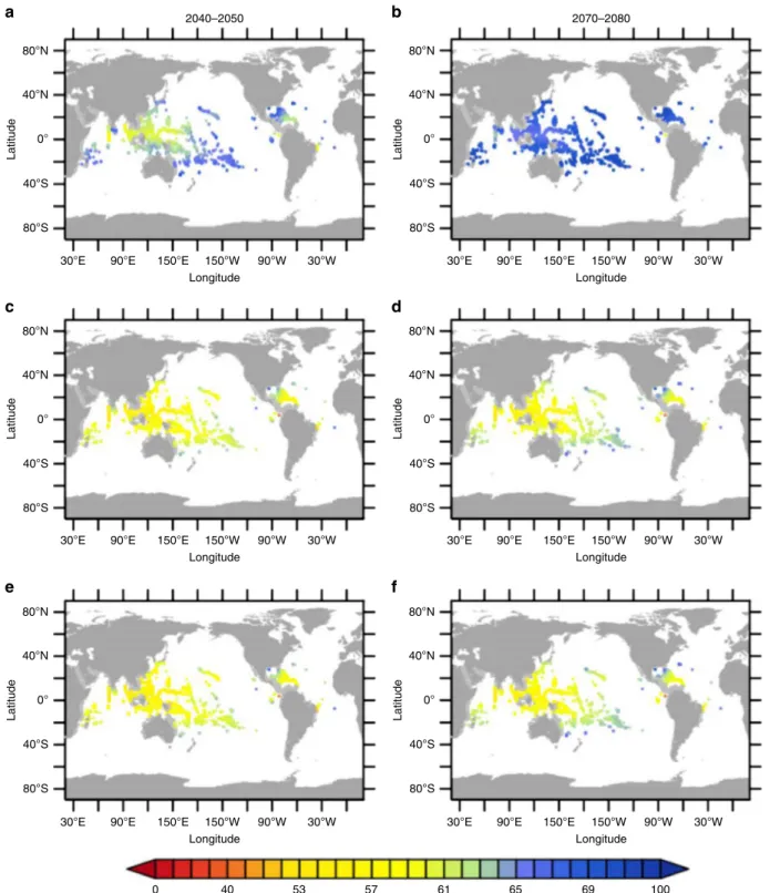 Fig. 6 Relative decadal mean gross calci ﬁ cation rates of tropical corals. Global distribution of tropical coral reefs from the Reef Base (M