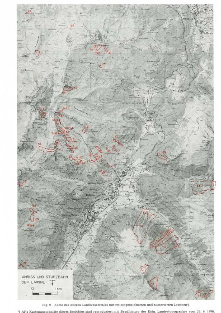 Fig. 9  Karte des oberen Landwassertales mit rot eingezeichneten und numerierlen Lawinen•) 