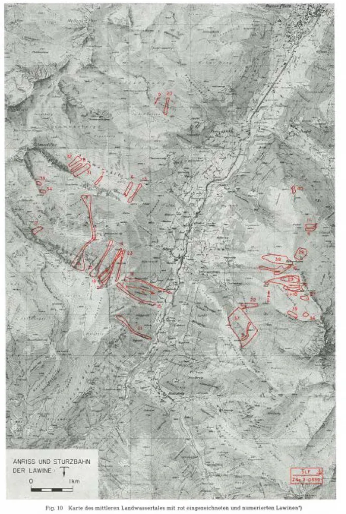 Fig. 10  Karte des m ittleren Landwassertales mit rot eingezeichneten und numerierten Lawinen') 