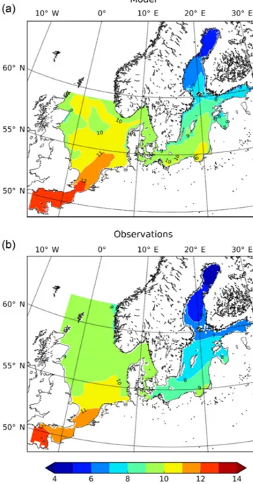 Figure 5. Mean surface (0–10 m) temperature for the Baltic, North Sea and English Channel, as simulated by Nemo-Nordic for the period 1979–2010 (a) and from observations (b) from Janssen et al.