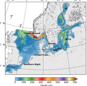 Figure 1. The model domain and bathymetry of Nemo-Nordic. The filled circles show the locations of validation stations for salinity and temperature.