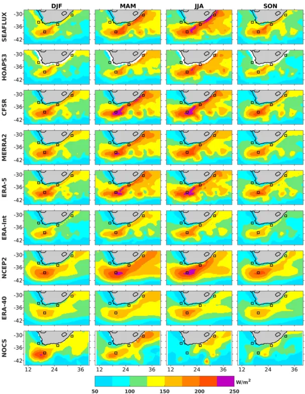 Figure 2:  From  top  to  bottom:  seasonal  average  of  latent  heat  flux  (W/m²)  of  SEAFLUX,  HOAPS3,  CFSR, MERRA-2, ERA-Interim, NCEP2, ERA-40 and NOCS