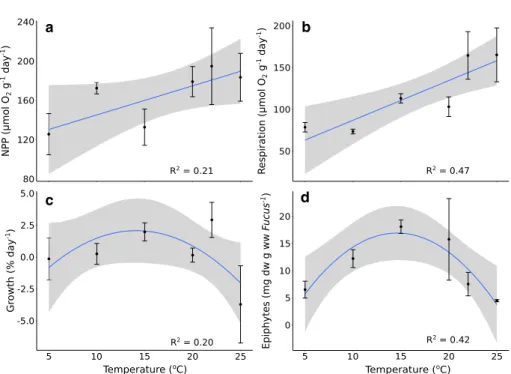 Fig. 1    Relationship between  temperature and net primary  production (NPP) (a),  respi-ration (b), growth (c) of the  Fucus-epiphytes assemblage  and macroepiphytes load on F