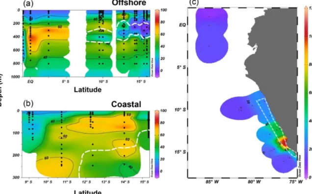 Figure 5. N 2 O excess (1N 2 O, nmol L −1 ) at the offshore section (a) and the coastal section (b) during October 2015; the white dashed line indicates the boundary of the oxygen-deficient zone ( [ O 2 ] = 5 µmol L −1 isoline)