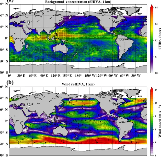 Figure 6. Global distributions of CHBr 3 mixing ratios based on oceanic background emissions (a) and ERA-Interim reanalysis wind fields (b) averaged during the time period of the SHIVA cruise at 1 km
