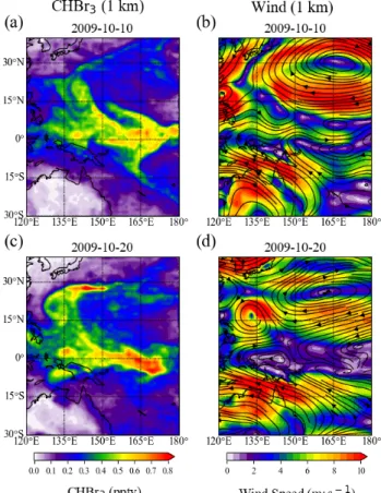 Fig.  2.  Two  snapshots  of  spatial  distributions  of  atmospheric  CHBr 3 ,  derived  from 640 