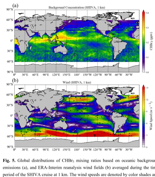 Fig.  5.  Global  distributions  of  CHBr 3   mixing  ratios  based  on  oceanic  background 654 