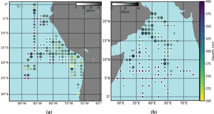 Fig. 4 Map of DVM depth distribution from ADCP backscatter data off Peru (a) and in the Arabian Sea (b, extracted from Bianchi and Mislan, 2016)
