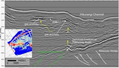 Figure 12. Re ﬂ ection seismic image (line APB 13 ‐ 6) showing interpreted gas migration focused at Cretaceous structures (yellow arrows) and high re ﬂ ectivity along migration pathways indicating gas charged sediments and associated strong gas related amp