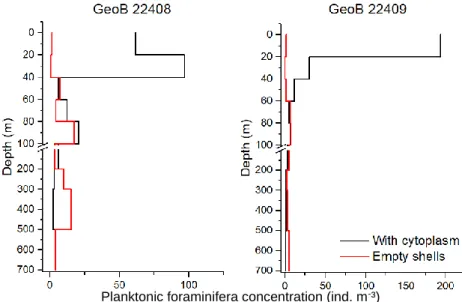 Figure 5.8: Vertical distribution of planktonic foraminifera abundance  (ind. m -3 ) at stations GeoB22408 and GeoB22409.