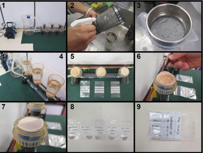 Figure 5.11: Workflow of the filtration for metagenomics during M140. (1) Filtration setup (2) rinsing of the cod- cod-end mesh (3) large plankton particles retained in the sieve (4) samples ready for filtration (5) plankton concentrated  on the filters (6