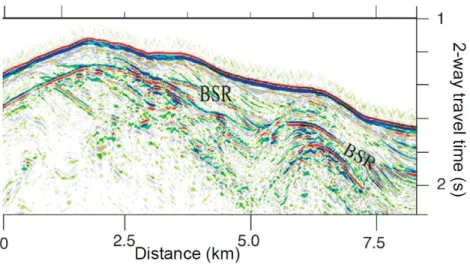Figure 1.2: Example of BSR identified in seismic reflection images (offshore Oregon, U.S.), suggest- suggest-ing gas hydrate occurrence with two high amplitude envelopes (seafloor and BSR) (GEOMAR).