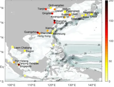 Figure 1. Estimated annual ballast water discharge volume (10 6 m 3 ) from each harbour in the modified world port ranking in Southeast Asia with the names of the 26 largest ports (Supplement table)