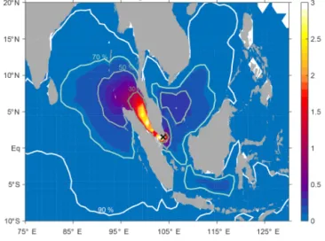Figure 2. Annual mean surface (20 m) spread of DBPs from dis- dis-charge in the Pearl River Delta relative to the total number of  parti-cles released