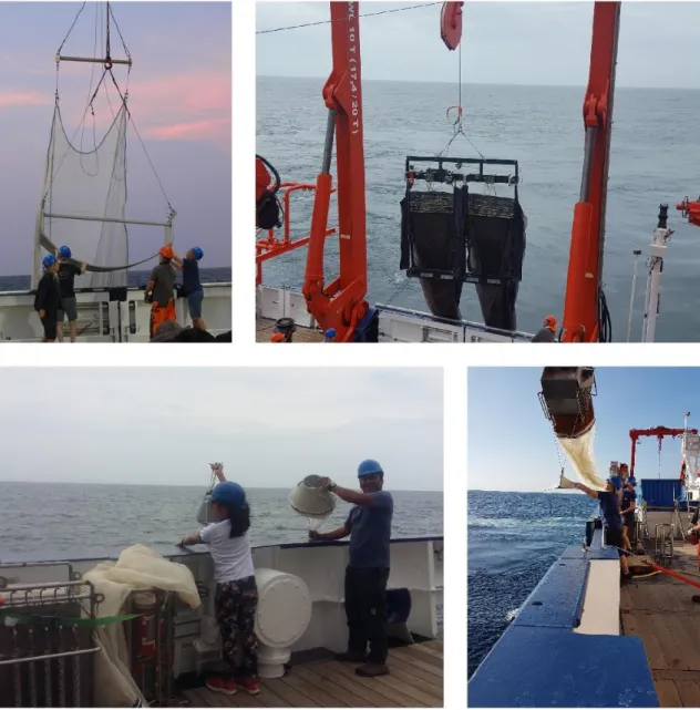 Fig. 1: Various plankton nets of the University of Hamburg in action: Isaacs-Kidd Midwater Trawl  (IKMT, upper left), 1-square-metre-double-MOCNESS (upper right), Apstein net (lower left), towed  Multinet (lower right) (Fotos: G