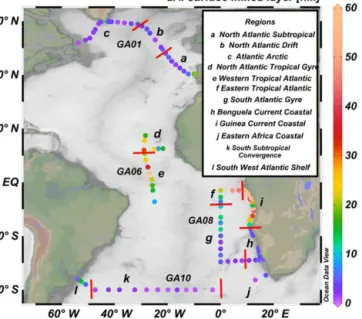 Figure 3. Surface mixed-layer dAl concentrations (nM) for the cruises used in this study (GA01, GA06, GA08, and GA10)