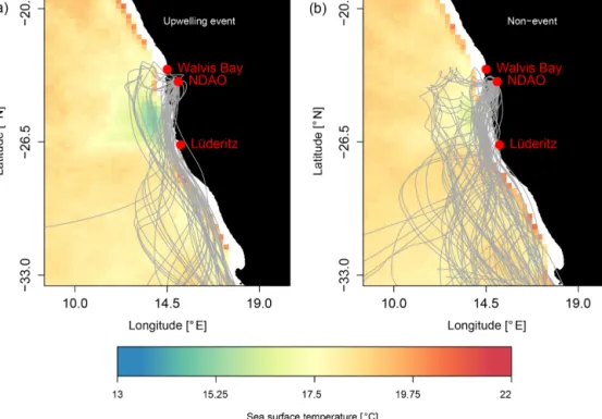 Figure 5. SST during an upwelling event. SST during (a) and preceding and after (b) the upwelling event described in Fig