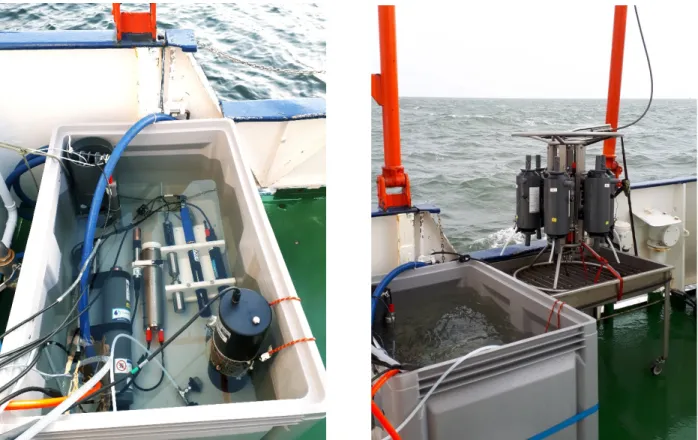 Figure 2. The water tank used for sensor deployments (on the left side) and the Niskin bottles of  CTD vertical profiler (on the right side) (photo credit: M