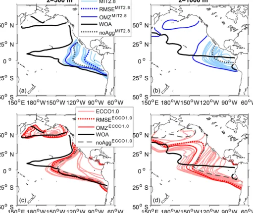 Figure 2. Comparison of Pacific Ocean OMZ (O 2 ≤ 50 mmol m −3 ) between model simulations and observations