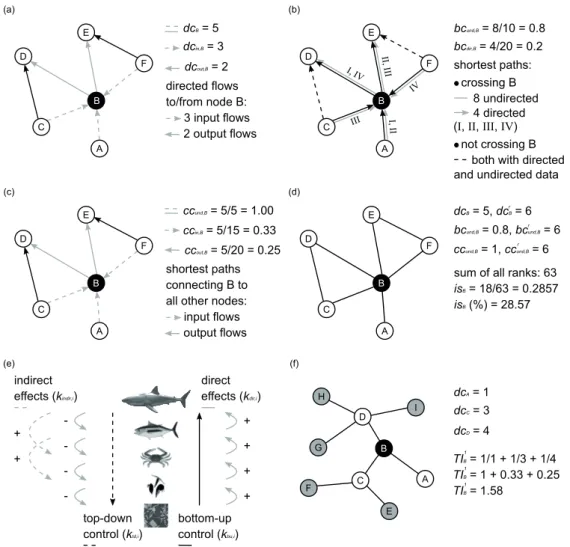Figure 2. Schematic representation of centrality indices used in this study. These indices quantify the role of nodes with reference to lo- lo-cal (degree, a), global (betweenness, b; closeness, c; and importance score, d), and meso- (all keystone indices 