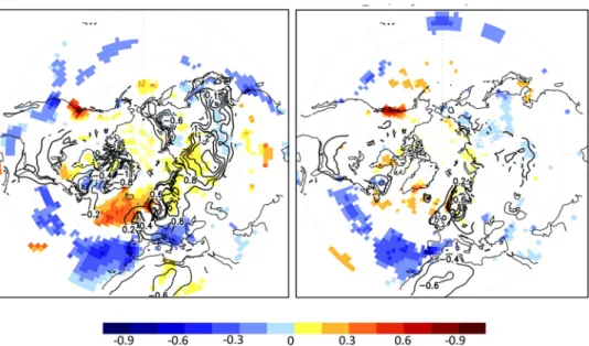 Figure 7.  Implications for Northern Hemispher climate: (a,b) represent the covariance of wintertime two- two-meter temperature (contour, in K) and precipitation (shading, in mm/day) with the wintertime 250 hPa  NAMI