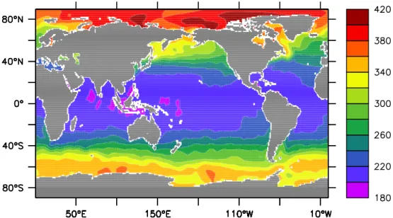 Figure 3.1.1  Global distribution of annual-mean oxygen concentrations in the surface waters compiled from the World Ocean Atlas 2009 (Garcia et al., 2010)