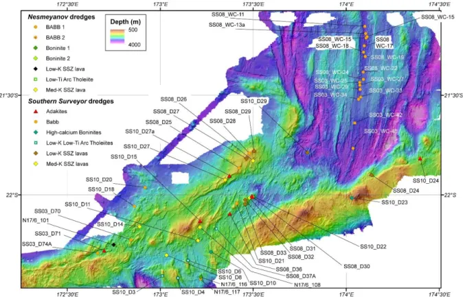 Figure 3: Morphological map (multibeam and satellite bathymetry) showing the locations of dredges from which  representative samples are presented in this paper (Supplementary Information, Tables S1 and S2)