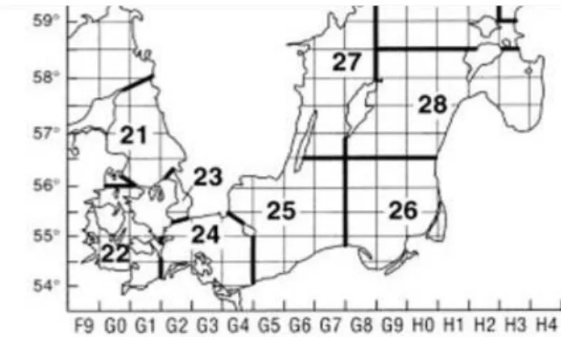 Figure 3.2 ICES subdivisions in the  cruise  area  (Source:  ICES).  ICES  SD22  corresponds  to  Kiel  Bight  =  KB,  SD24  to  Arkona  Basin  =  AB,  SD25 to Bornholm Basin =  BB and  Stolpe Trench = SR, SD26 to Gdansk  Deep  =  GD  and  Southern  Gotlan