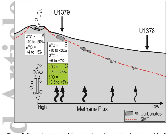 Figure  6.  Schematic  overview  of  the  suggested  paleodepositional  environment  for  Sites  U1378  and  U1379