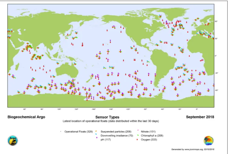 FIGURE 6 | Global map of BGC-Argo floats, indicating sensor types on each float, as of September 2018 (Source: JCOMMOPS).