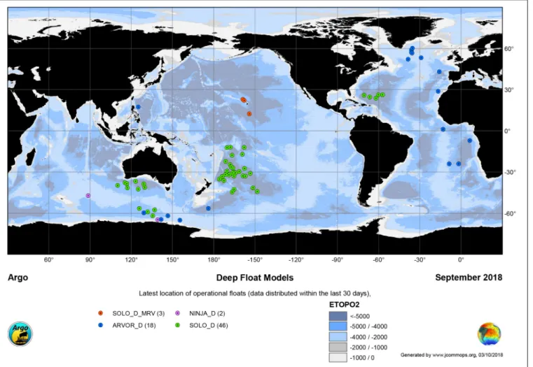 FIGURE 9 | Map of 69 operational Deep Argo floats in September 2018 (rounded symbols), including 46 Deep SOLOs, 3 MRV Deep SOLOs, 18 Deep Arvors, and 2 Deep NINJA