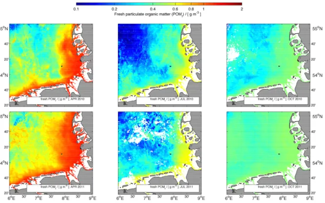 Figure 8: Monthly mean concentrations of fresh particulate organic matter (POM f ) of two consecutive years (2010 and 2011), estimated from total suspended matter (TSM) concentrations by applying the POM-TSM model