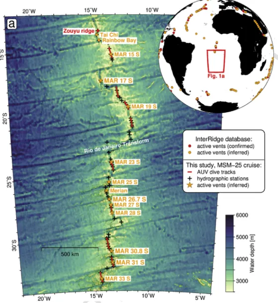 Fig. 1. Map a, overview of the study area at the Southern Mid-Atlantic Ridge (SMAR) with locations of confirmed (red) and inferred (orange) active vent sites extracted from the Inter- Inter-Ridge Vents Database, version 3.4 (http://vents-data.interridge.or