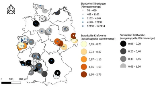 Abbildung 5: Darstellung der Kläranlagen in räumlicher Nähe zu den Kohlekraftwerksstandorten (Quelle: eigene Darstellung basierend auf  Öko-Institut (2018), Umweltbundesamt (2019), European Environment Agency (2018) und GeoBasis-DE/BKG 2019) 