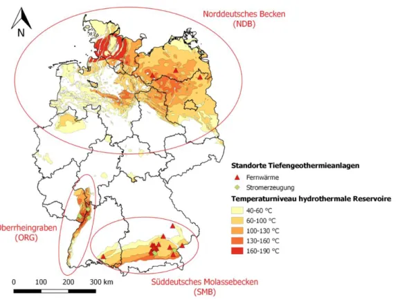 Abbildung 4: Darstellung der Tiefengeothermiepotenziale in Deutschland. (Quelle: Beuth Hochschule und ifeu (2017), GeoBasis-DE/BKG  2014) 