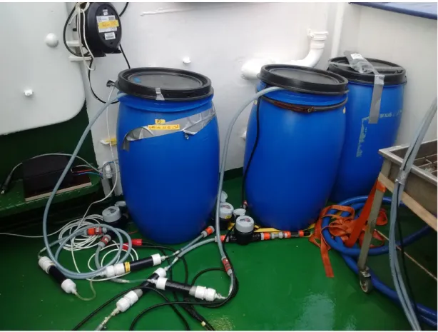 Figure 3. Radium  sampling:  Seawater in the blue barrels is filtered over Mn-impregnated fibers which adsorb  radium; the volume of filtered water is measured using water meters