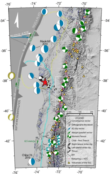 Figure 1. Seismotectonic map of the southern Andes. Convergence rate and direction is shown by the solid white vector (Angermann et al., 1999)