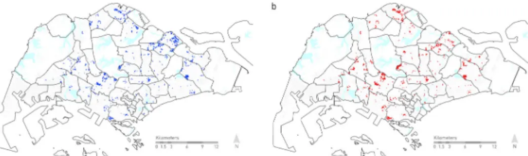 Figure 5. Robust optimal solutions for possible new residential development areas in Singapore, based on (a) minimizing urban ecosystem service loss and maximizing areas of high population density (leading to 1,158 robust solution pixels in blue) or (b) mi